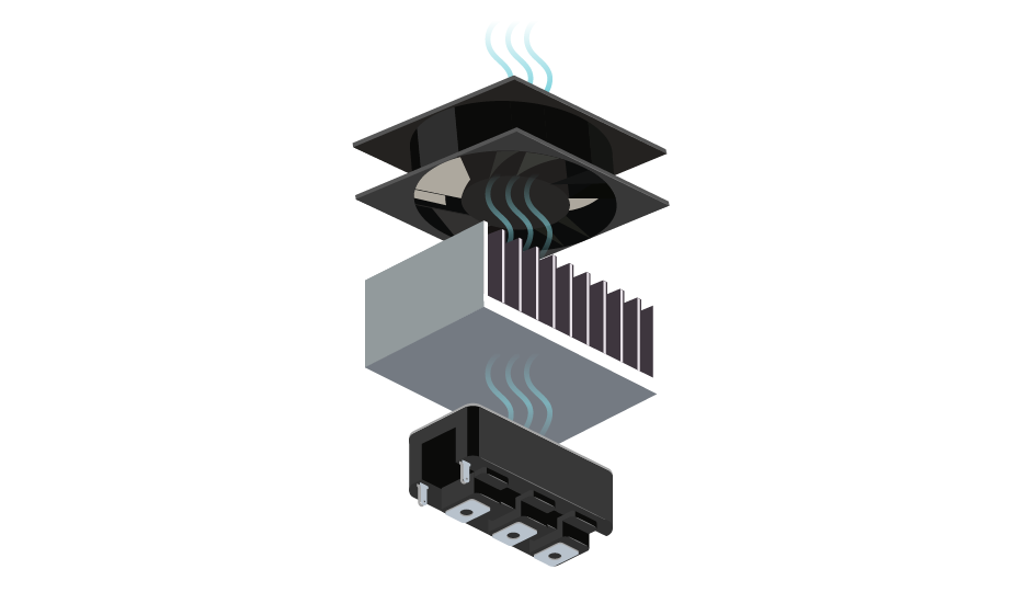 Representative drawing of an IGBT with heat sink and fan cooling solution