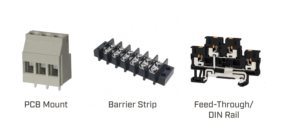 Example images of PCB mount, barrier strip, and DIN rail terminal blocks