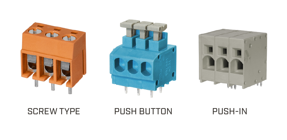 Comparison of screw terminal, push button, and push-in terminal block styles