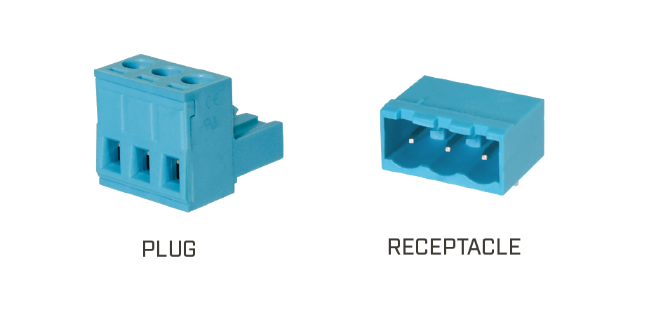 Plug and receptacle components of a pluggable terminal block