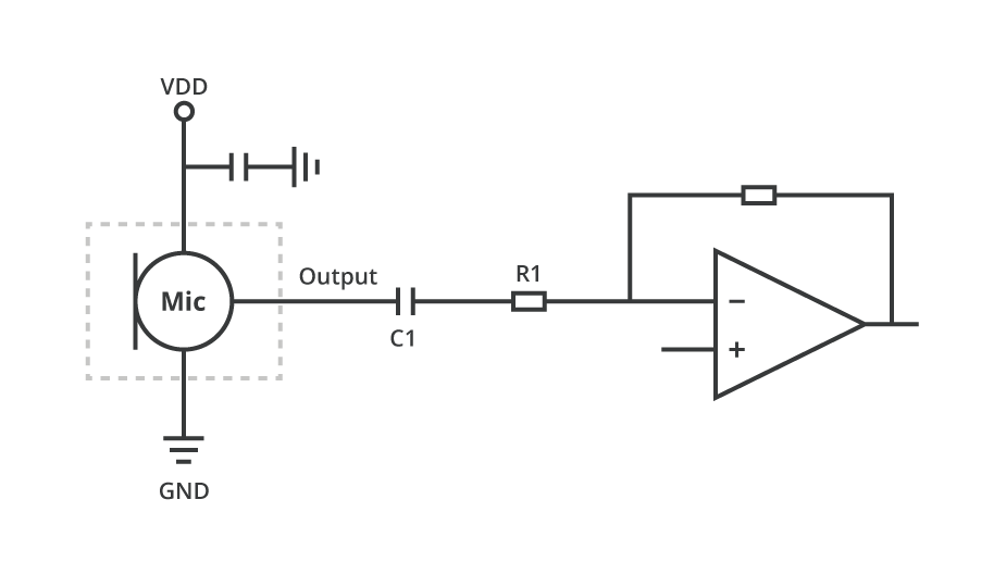 Schematic showing the connection of a MEMS microphone with analog output to an external amplifier