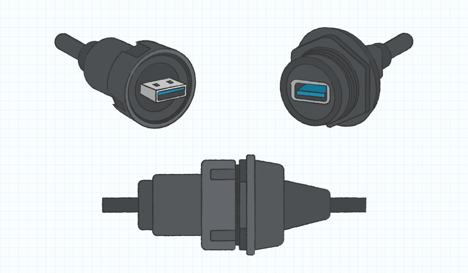 Drawing of a fully IP rated receptacle and plug connection with locking/sealing interface in connected and unconnected state