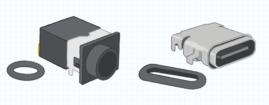 Drawing of waterproof dc power jack and USB receptacle with O-ring seals